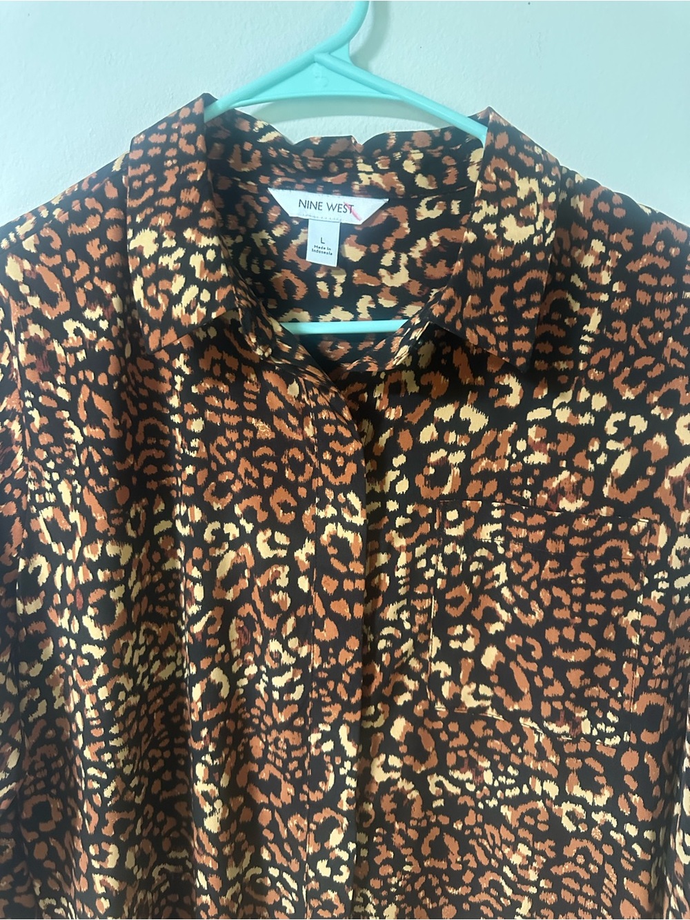 Nine West Leopard Print Button-Down Blouse - Brown Black Cream